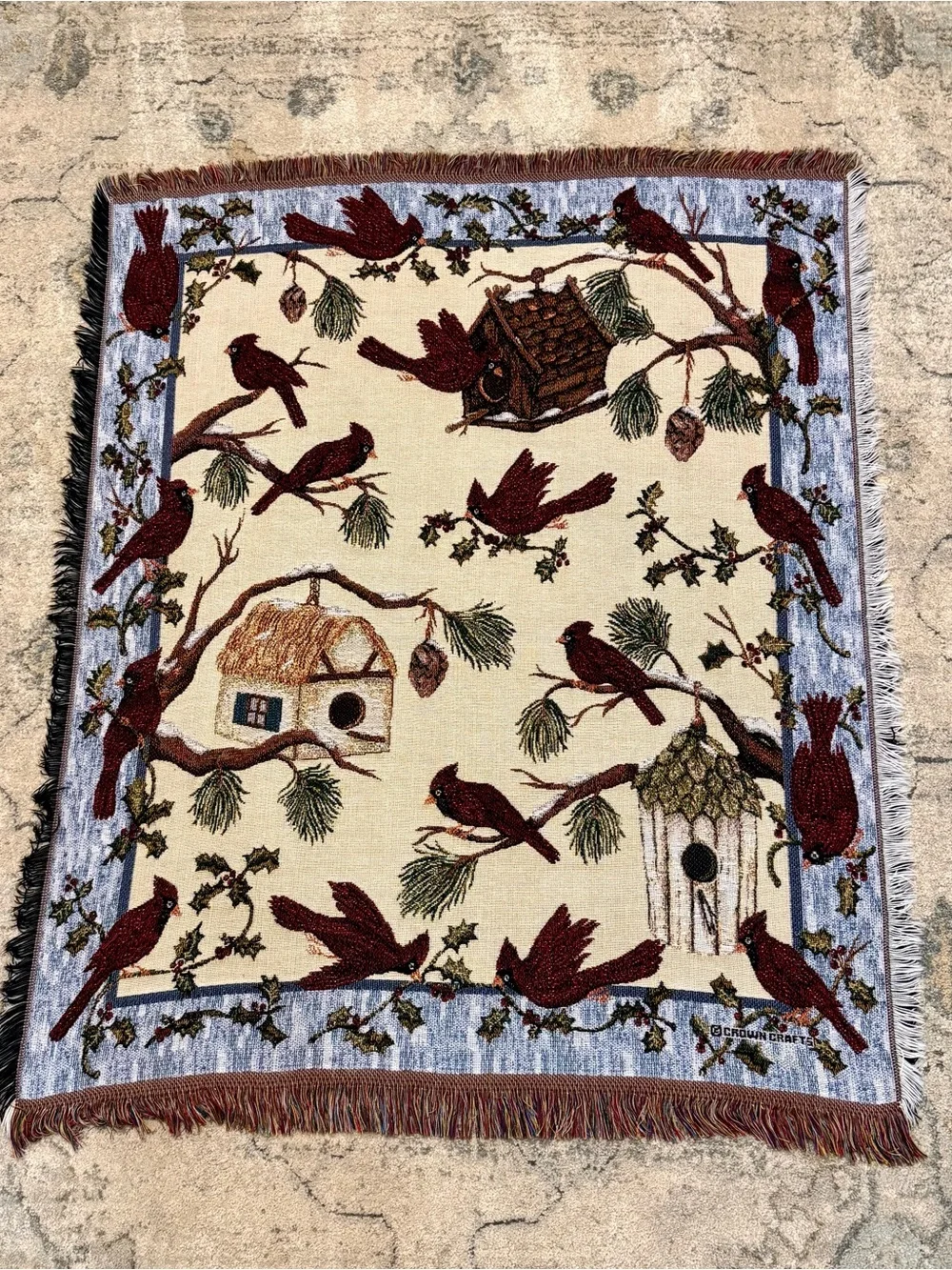 Crown Crafts Cardinal Bird House Tapestry Throw Blanket 100%Cotton